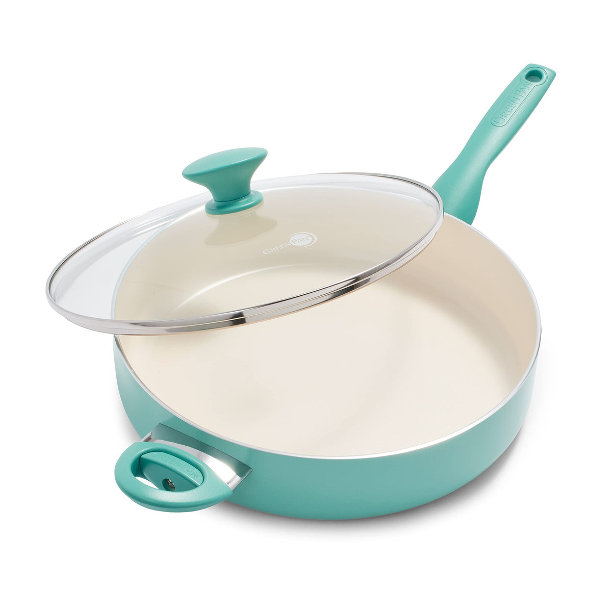 GreenPan Rio 5Qt sauté pan with lid provides easy viewing and even heating.