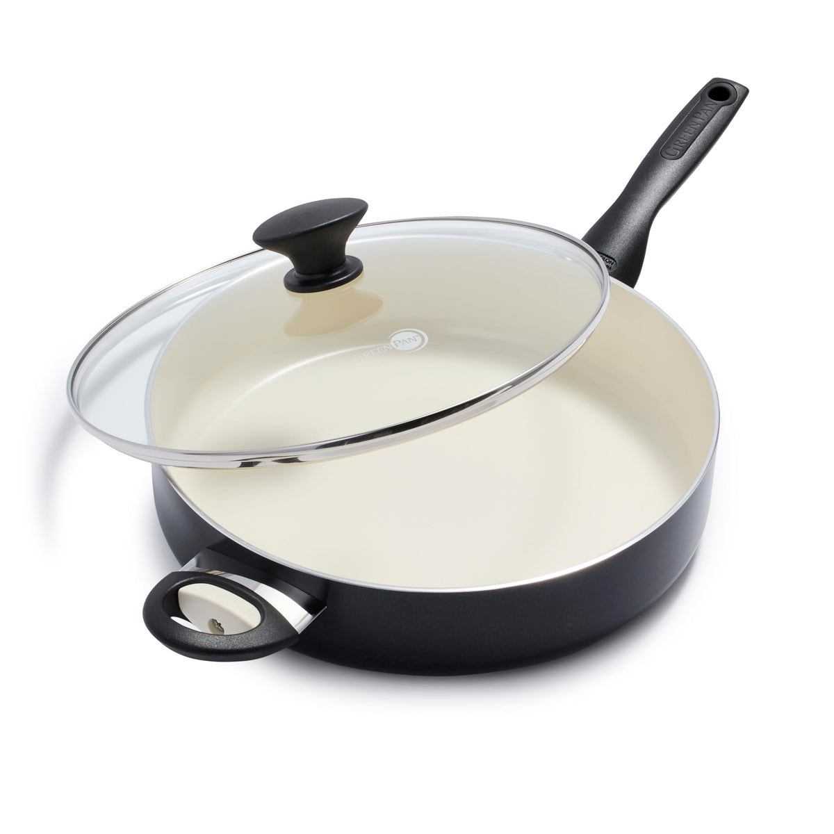 GreenPan Rio 5QT saute pan with diamond-infused coating for effortless release.
