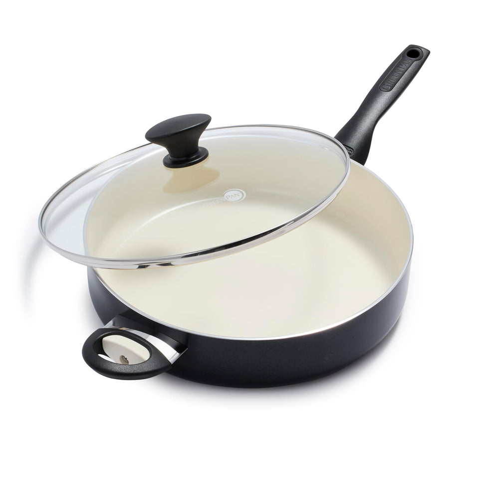 GreenPan Rio 5QT saute pan with diamond-infused coating for effortless release.