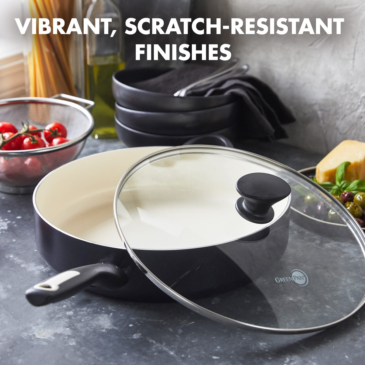 GreenPan Rio stay-cool Bakelite handle for safe, comfortable grip.