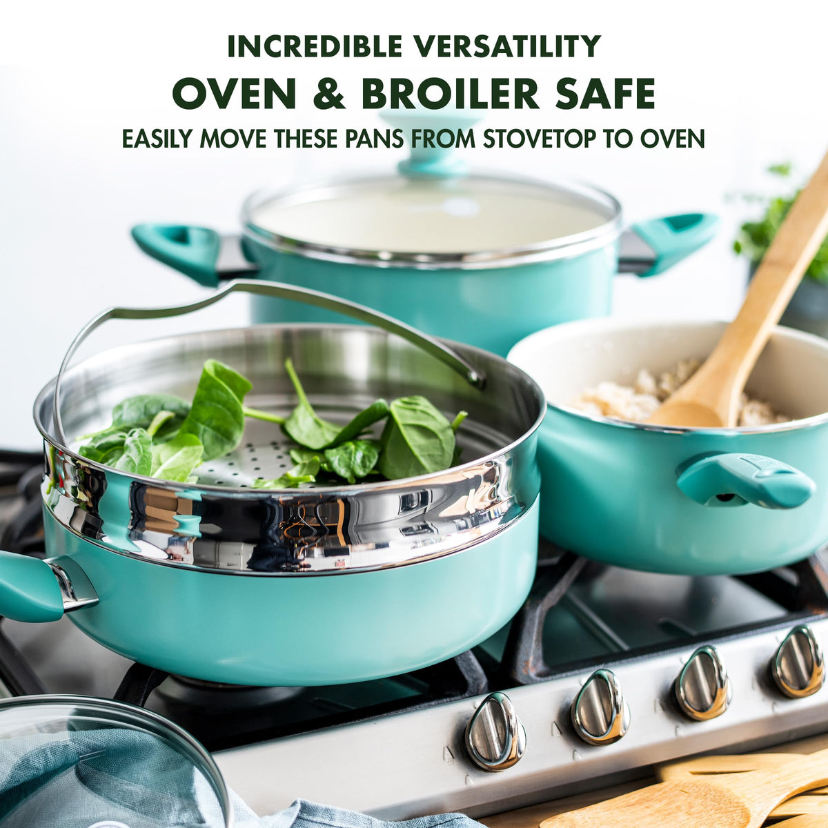 GreenPan Rio cookware on stove with even heat distribution.