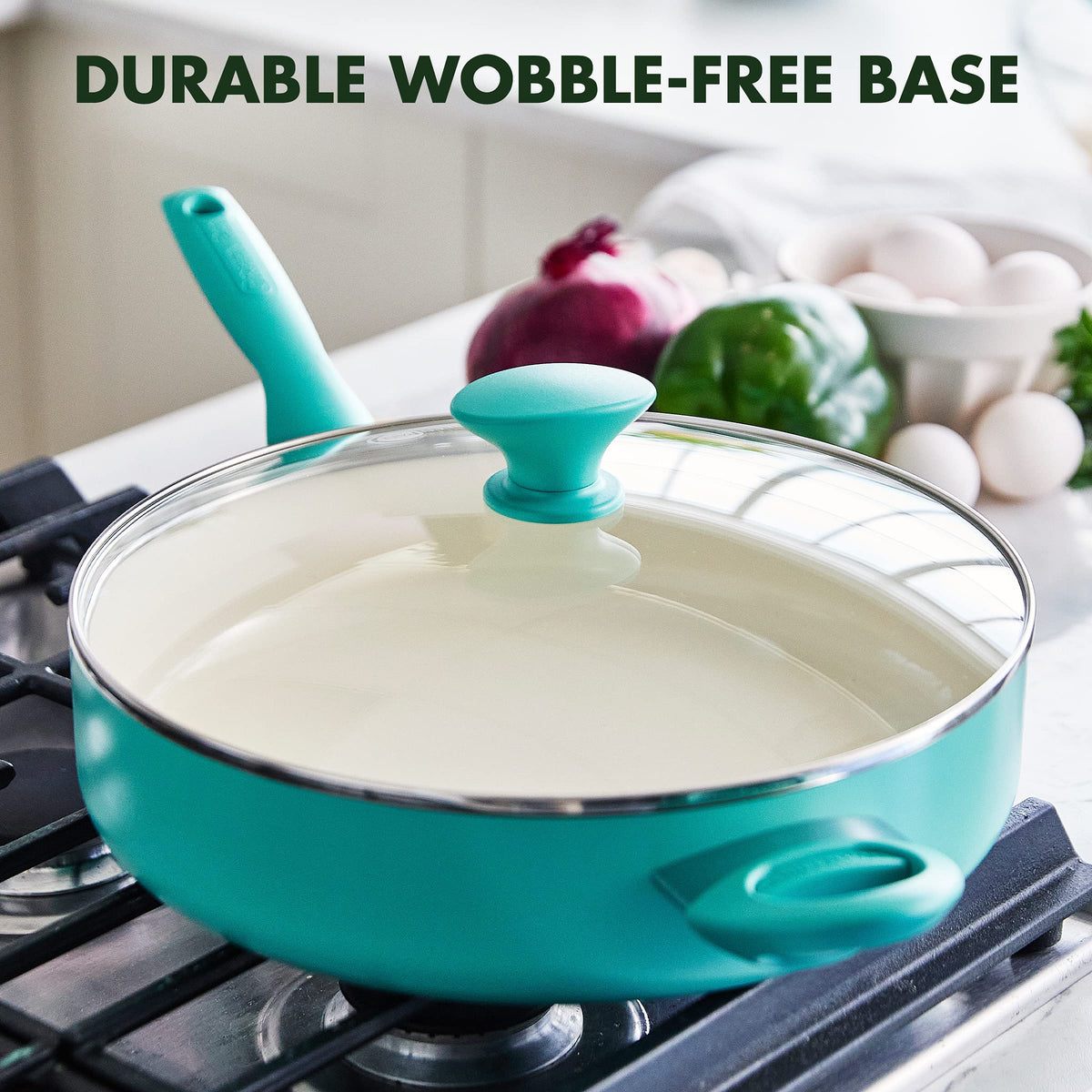 GreenPan Rio stay-cool Bakelite handles provide a comfortable grip.