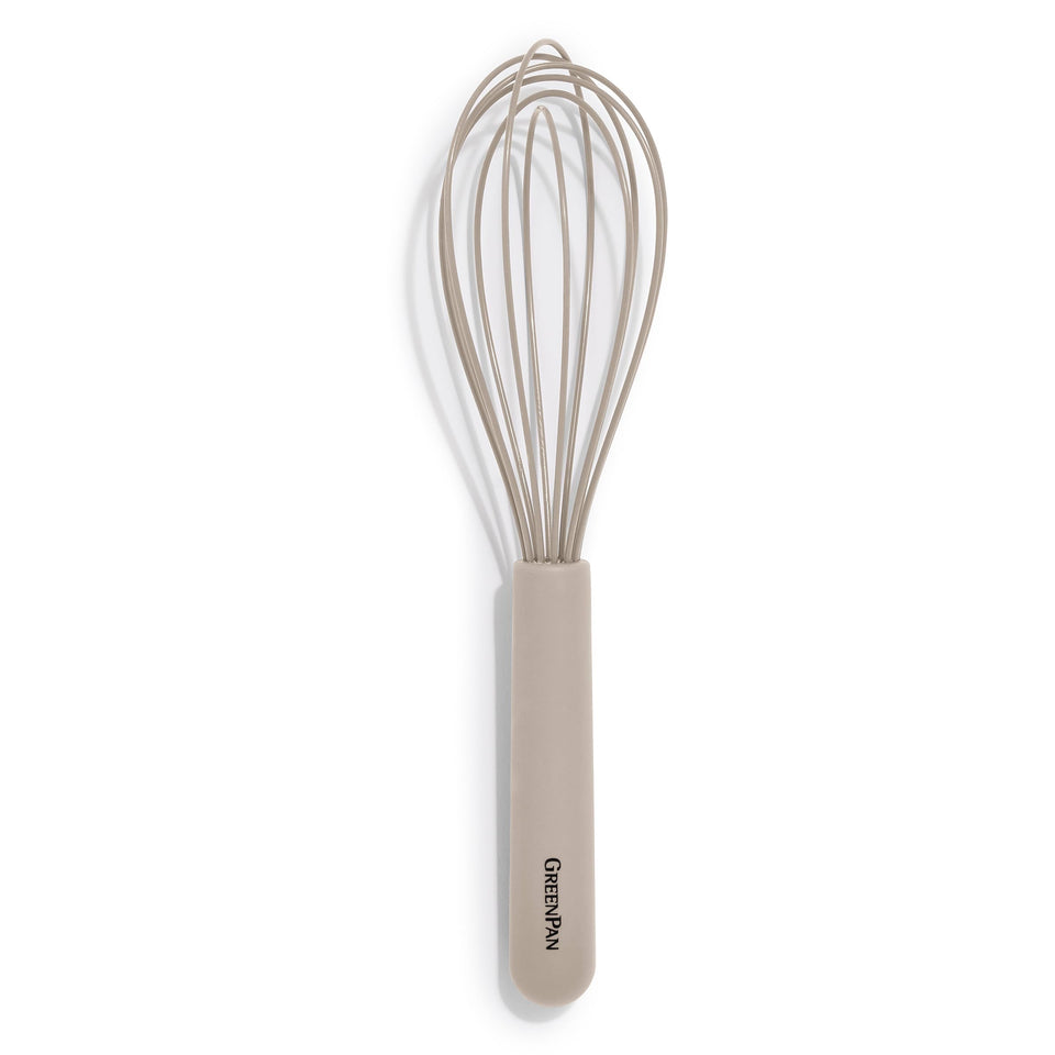 GreenPan silicone whisk with flexible edges for easy reaching and smooth mixing.