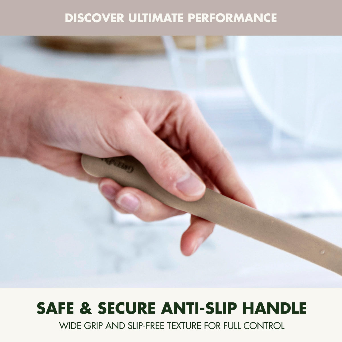 GreenPan silicone whisk showing rigid steel core for stability during whisking.