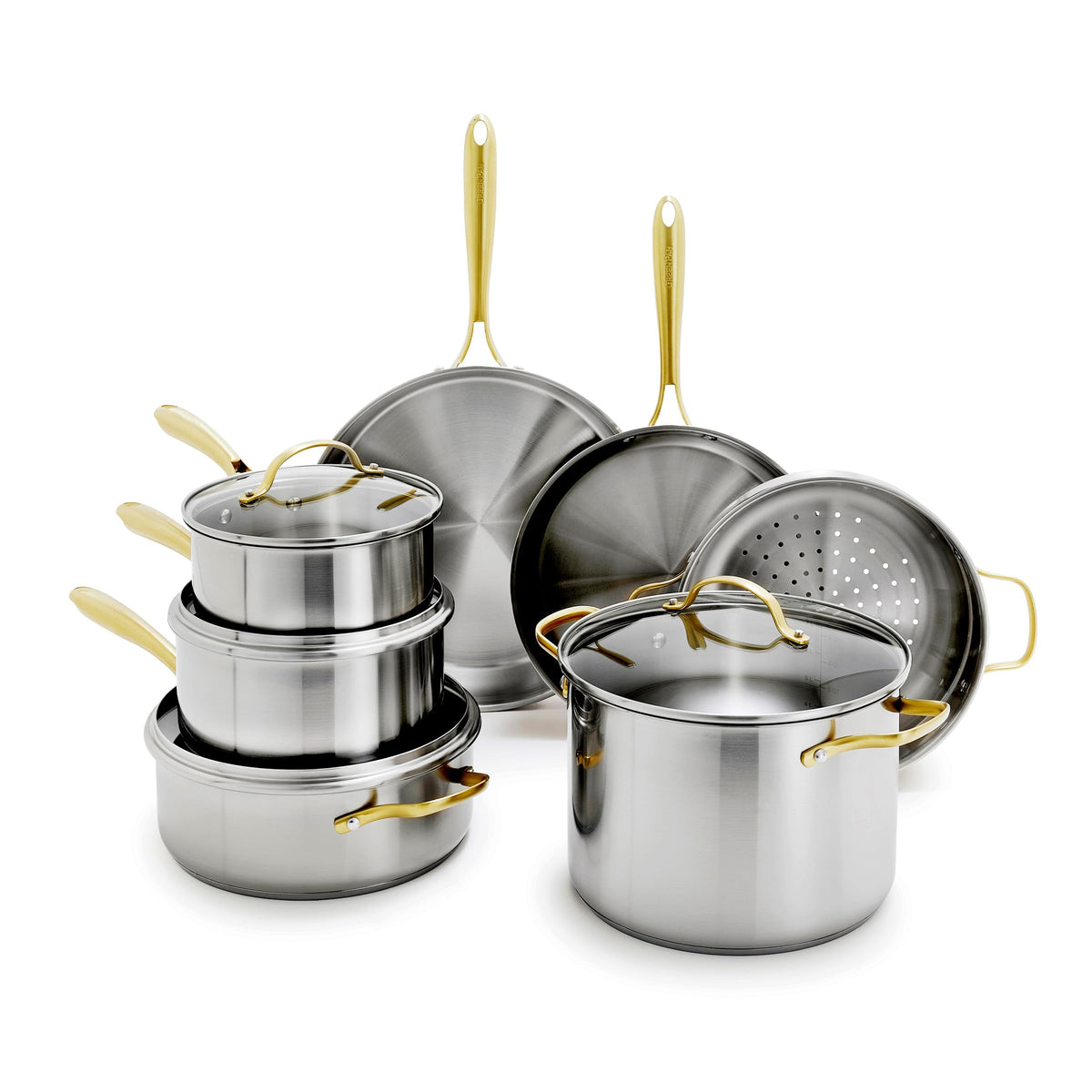 GreenPan 11-piece stainless steel set for versatile, even-heating cooking.