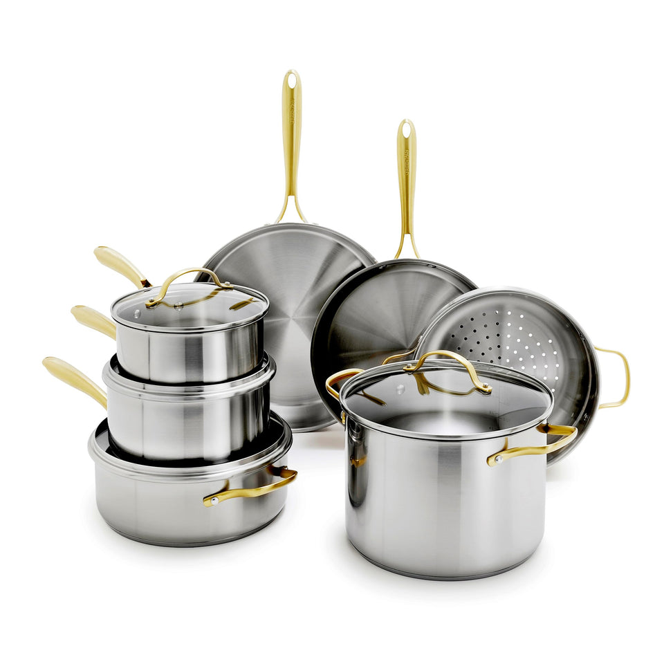 GreenPan 11-piece stainless steel set for versatile, even-heating cooking.