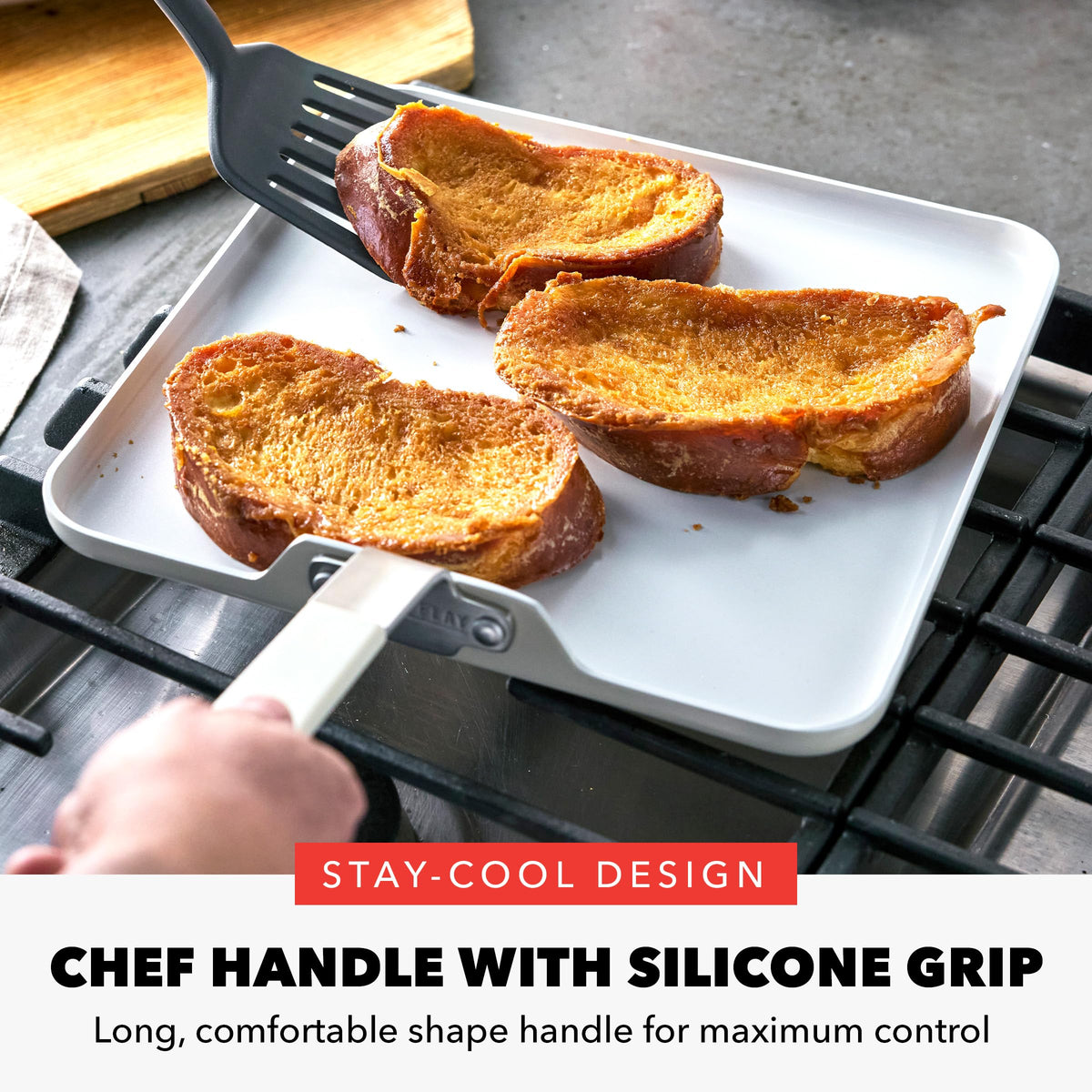 Stay-cool chef handle on GreenPan griddle provides comfortable control during cooking.