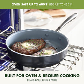 GreenPan Swift 10in frying pan with lid, perfect for sautéing and finishing sauces.