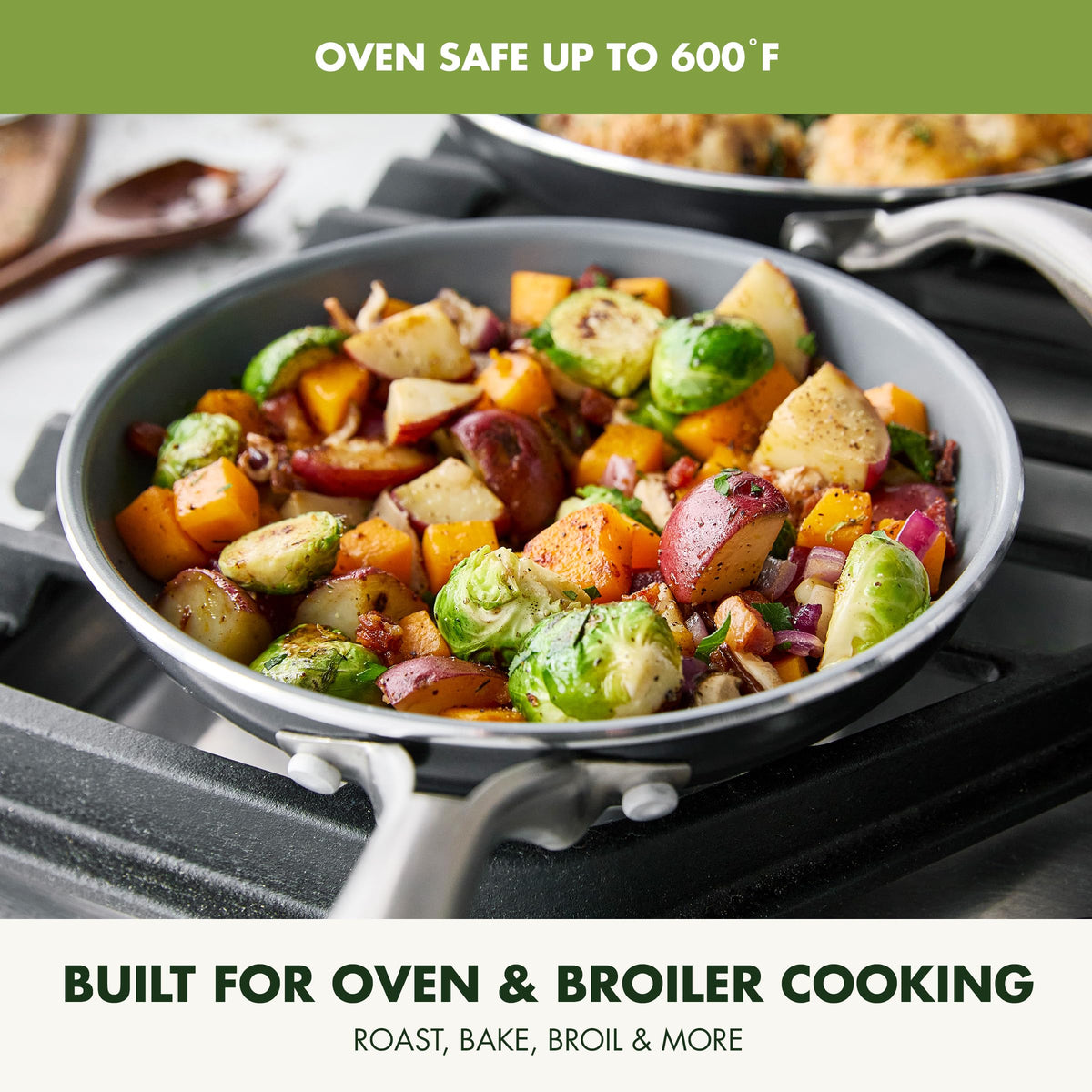 GreenPan Swift pan with riveted stainless steel handle close-up for comfortable grip