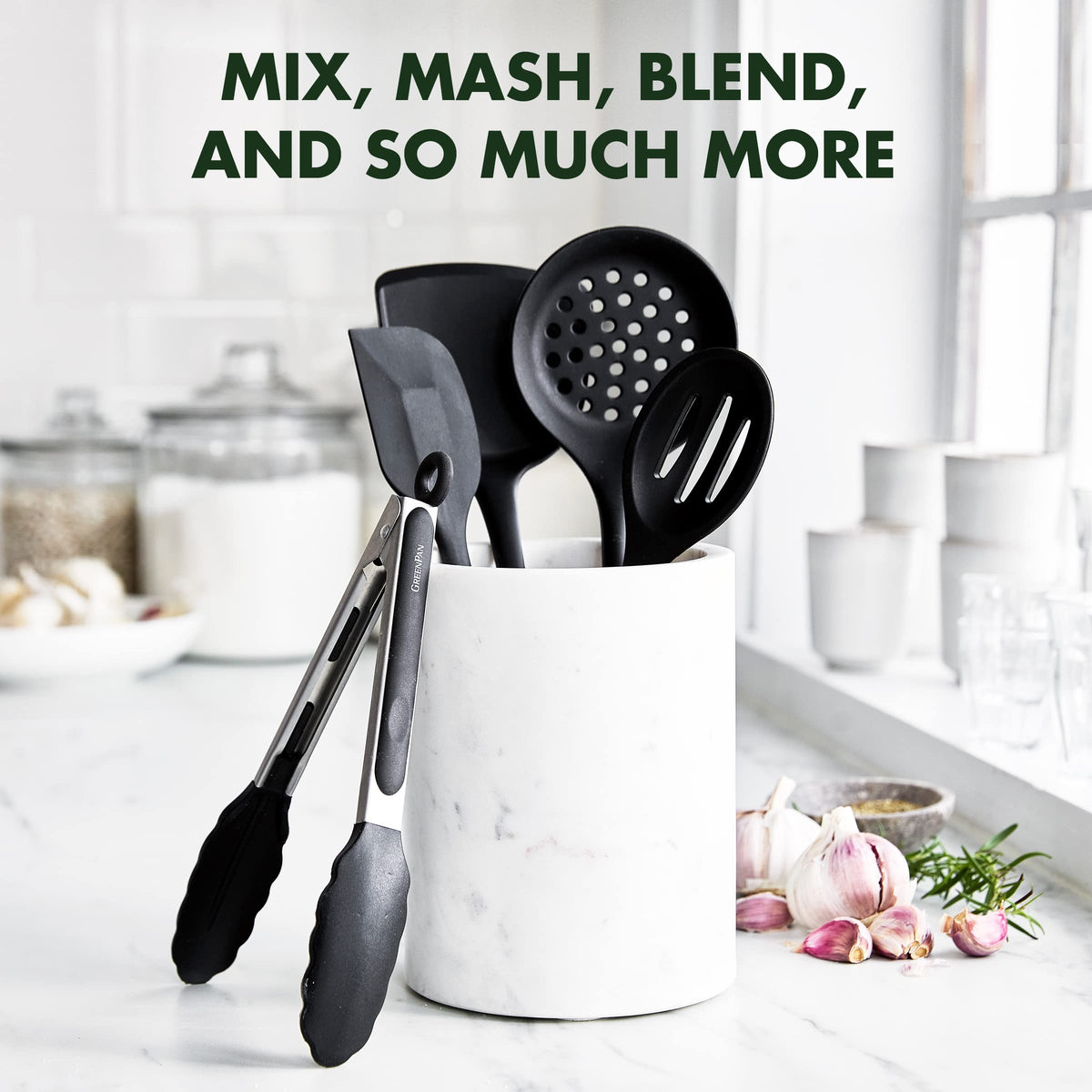 GreenPan tongs, turner, spatula, skimmer, and slotted spoon enable seamless multitasking.