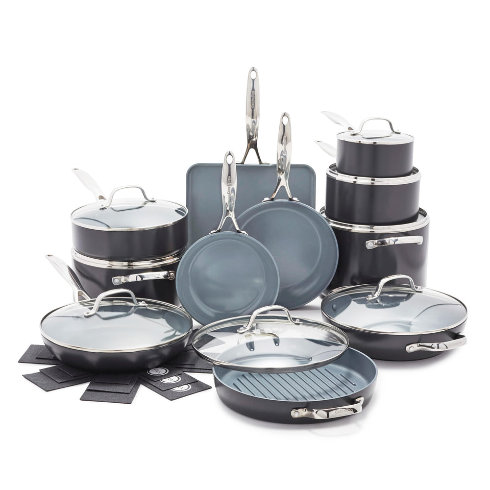GreenPan Valencia Pro 22-piece set shown as complete induction-ready cookware.