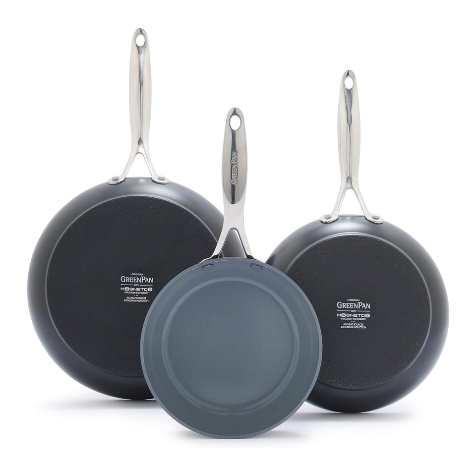GreenPan Valencia Pro 3pc set overview showing durability for versatile sautéing.