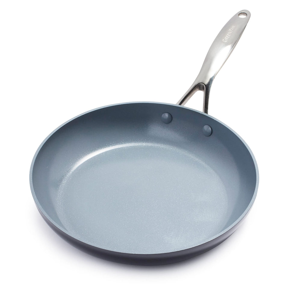 GreenPan Valencia Pro ceramic nonstick 12-inch fry pan ready for eggs and omelets.
