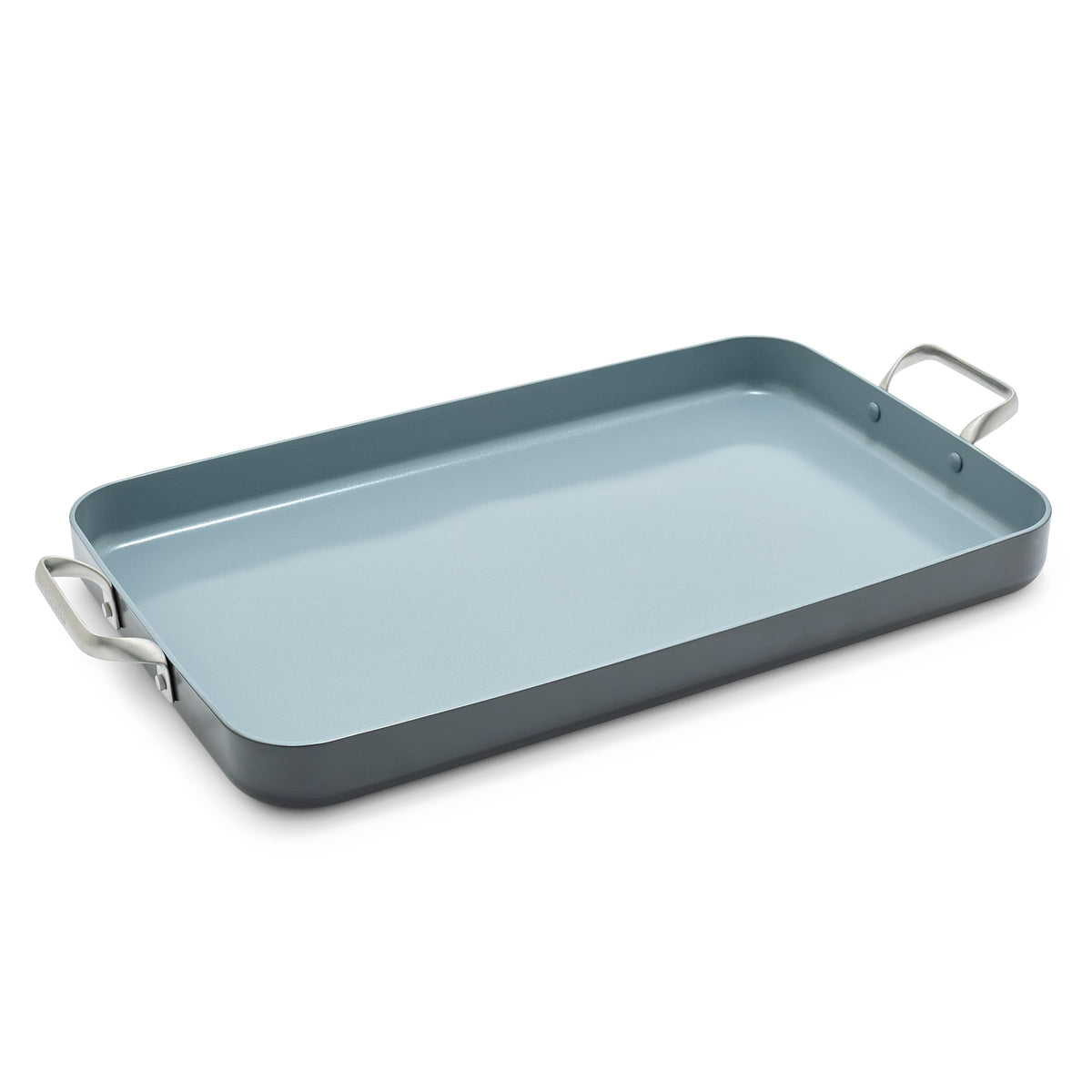GreenPan Valencia Pro double burner griddle angled shot highlights its generous cooking surface.