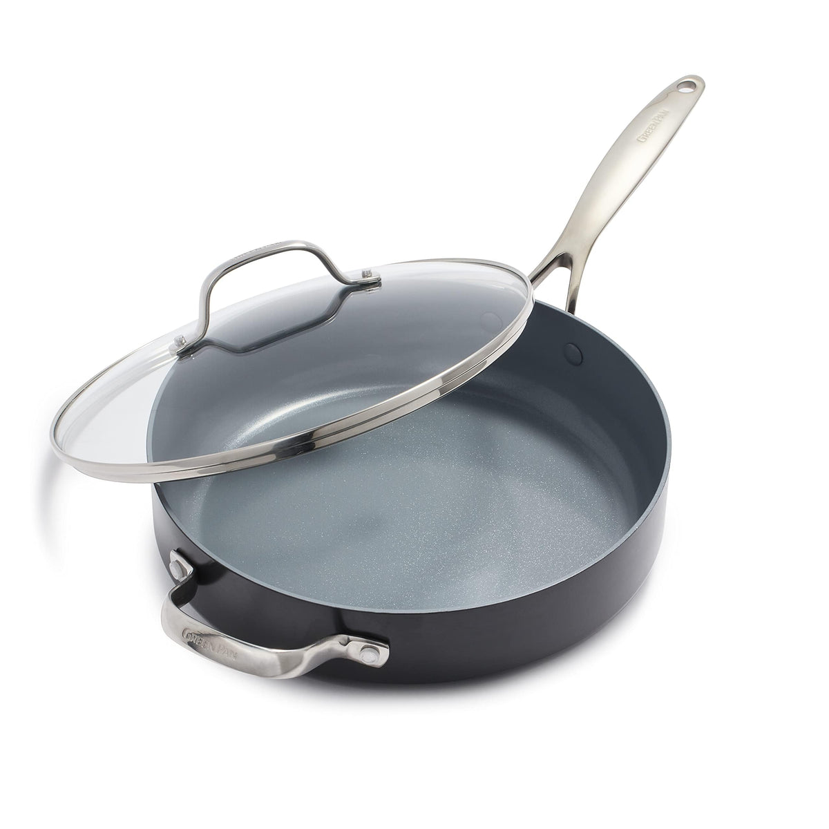 GreenPan Valencia Pro hard anodized 4.5QT sauté pan on stove for even browning