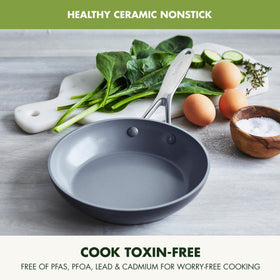 GreenPan Valencia Pro hard anodized body emphasizes durability for daily use.