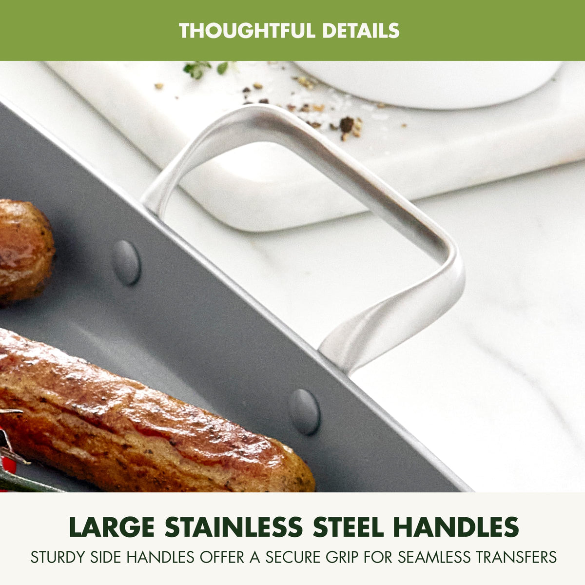 GreenPan Valencia Pro oven-safe up to 600°F for finishing dishes in the oven.
