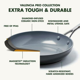 GreenPan Valencia Pro stainless steel handle stays cool during stirring.