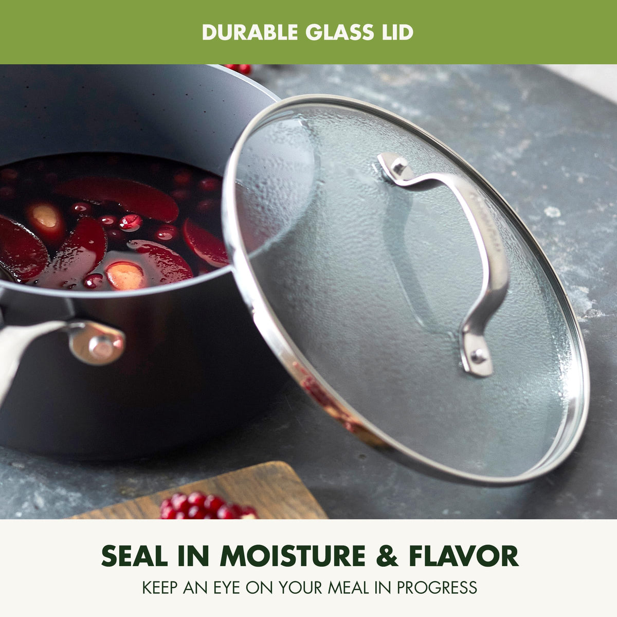 GreenPan Valencia Pro stainless steel handles provide a secure, comfortable grip