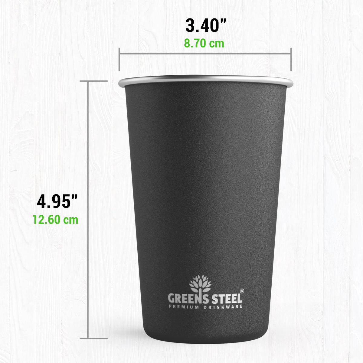 Greens Steel 16oz pint tumbler durable coating resists wear.
