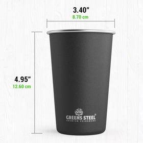 Greens Steel 16oz pint tumbler durable coating resists wear.