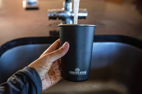 Greens Steel 16oz pint tumbler stackable design saves space.