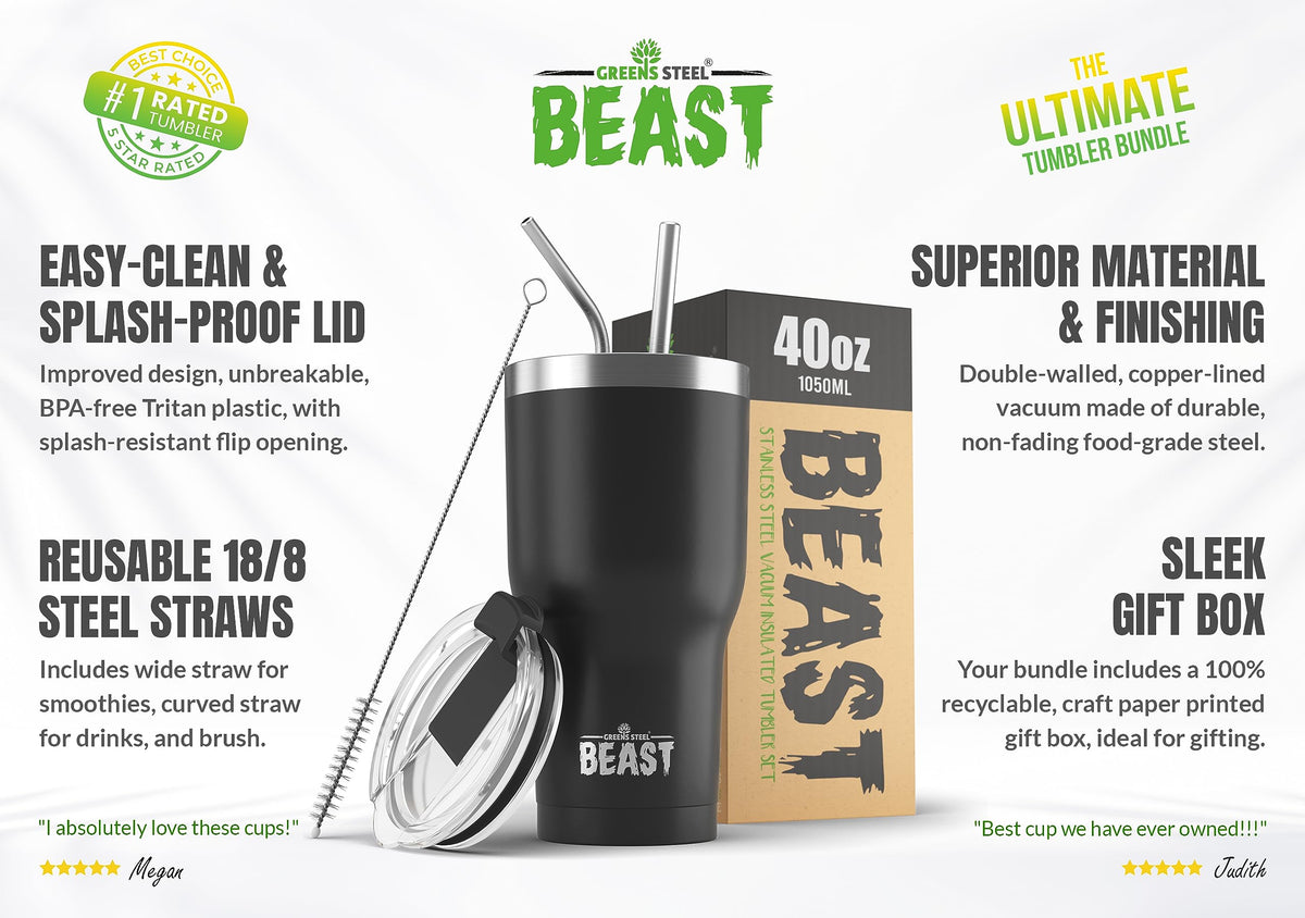 Greens Steel 40oz tumbler vacuum insulation keeps drinks cold for hours