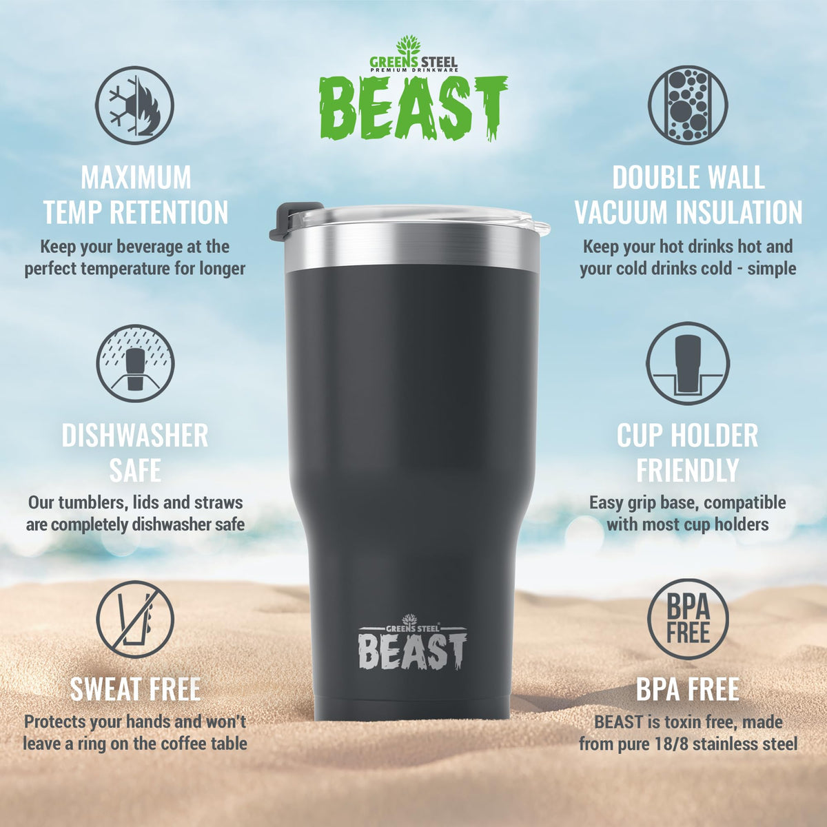 Greens Steel 40oz tumbler wide-mouth design for easy cleaning