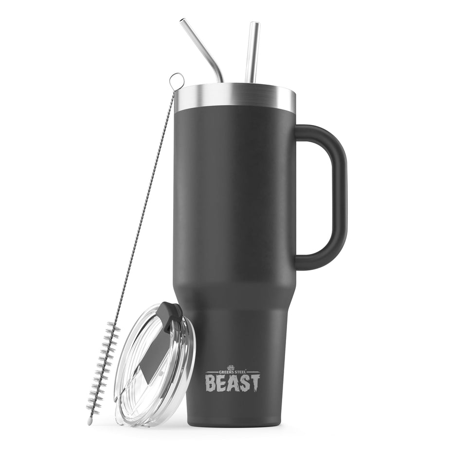 Greens Steel 50oz Tumbler with handle in matte black, great for on the go hydration.