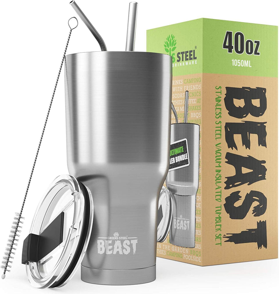 Greens Steel Beast 40oz tumbler front view for all-day hydration on the go
