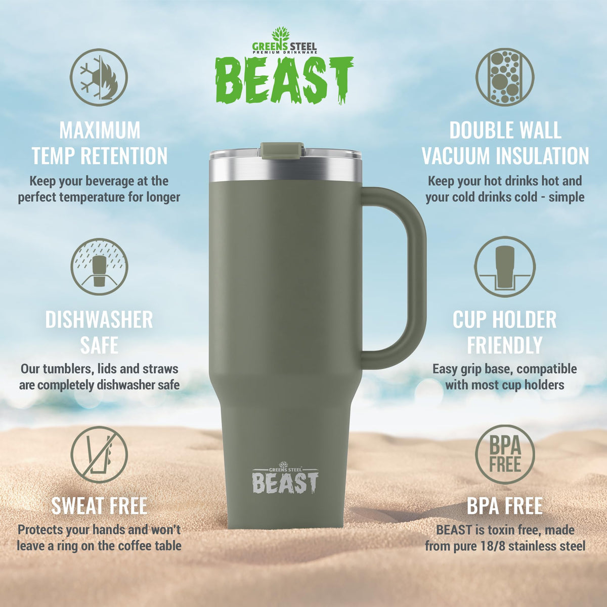 Greens Steel Beast 50oz tumbler durable powder-coated exterior withstands rugged conditions.