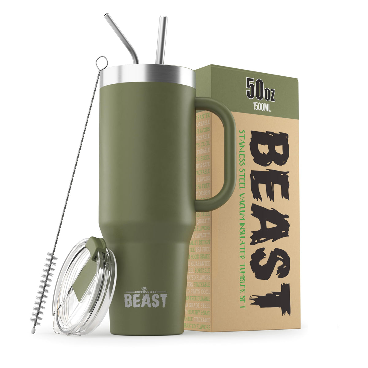 Greens Steel Beast 50oz tumbler with handle in army green, easy to carry on outdoor adventures.