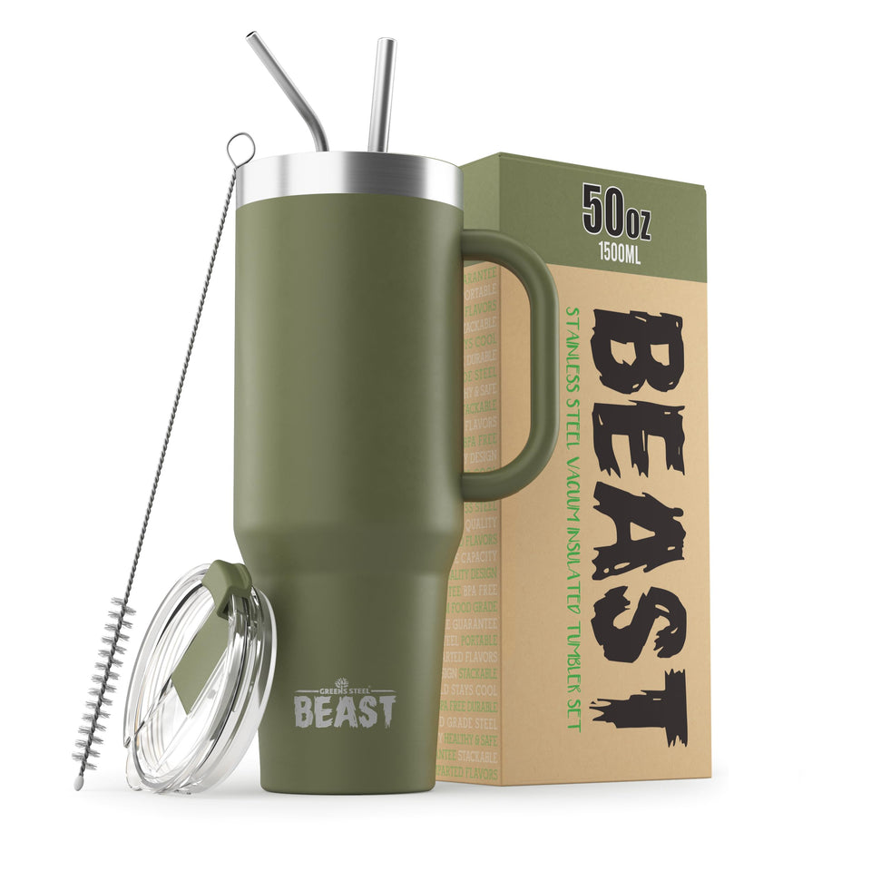 Greens Steel Beast 50oz tumbler with handle in army green, easy to carry on outdoor adventures.