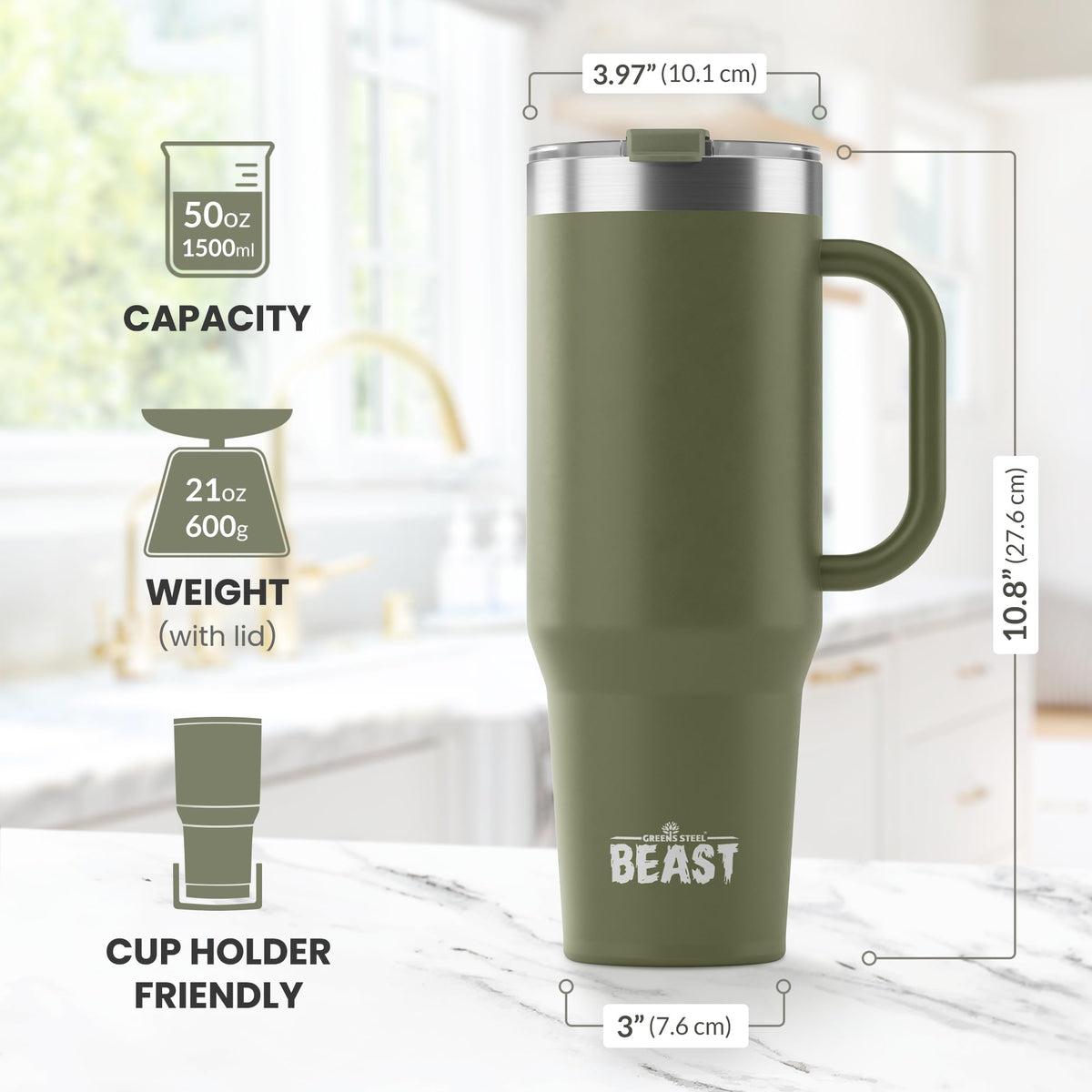 Greens Steel Beast 50oz tumbler interior electro-polish ensures pure taste during refills.