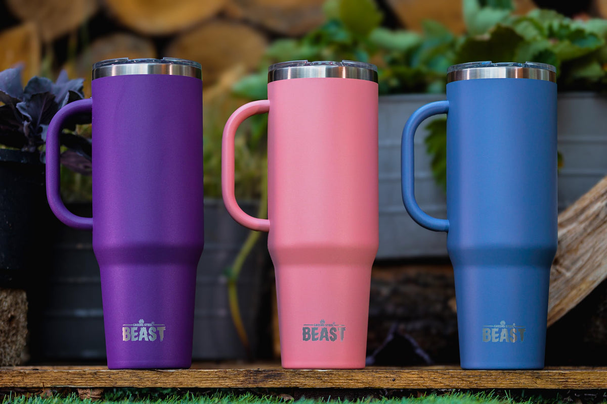 Greens Steel Beast 50oz tumbler in outdoor use on hiking trip