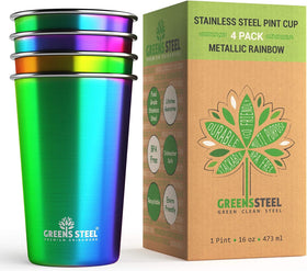 Greens Steel 16 oz rainbow tumbler, stackable for easy storage and daily use