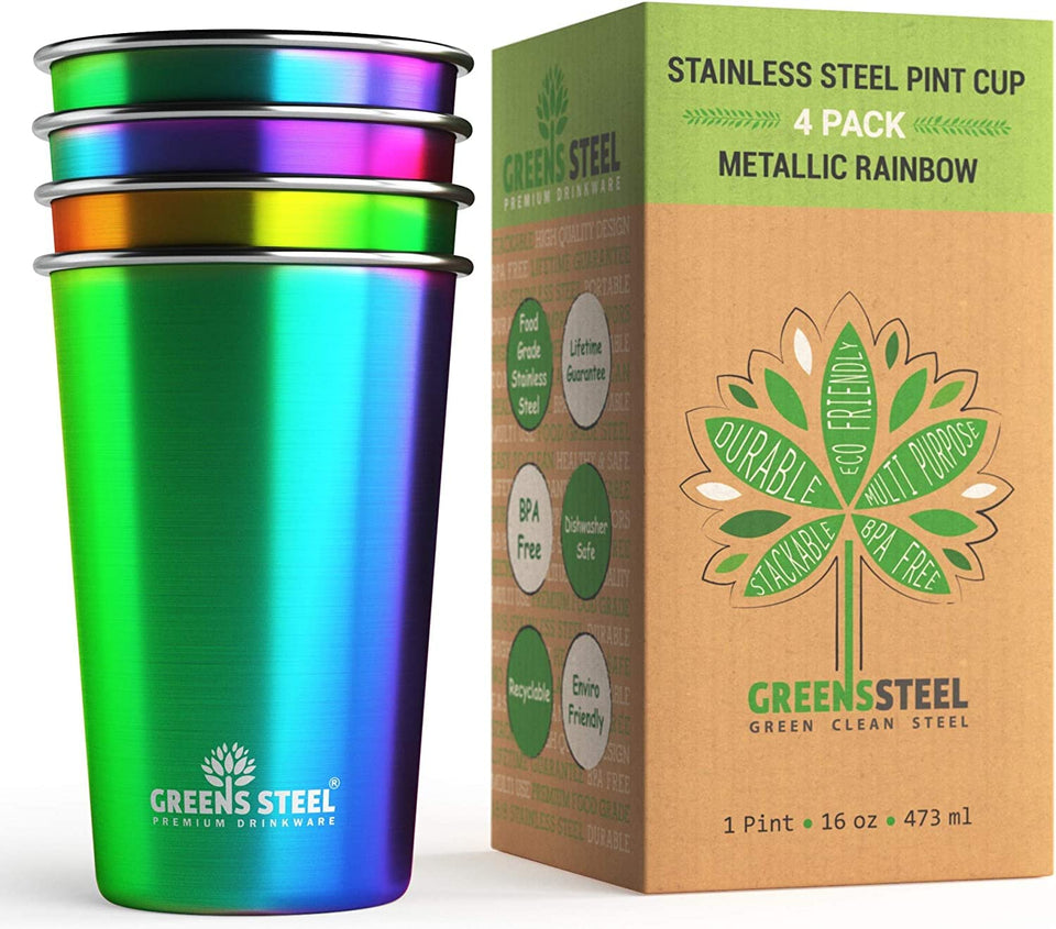 Greens Steel 16 oz rainbow tumbler, stackable for easy storage and daily use