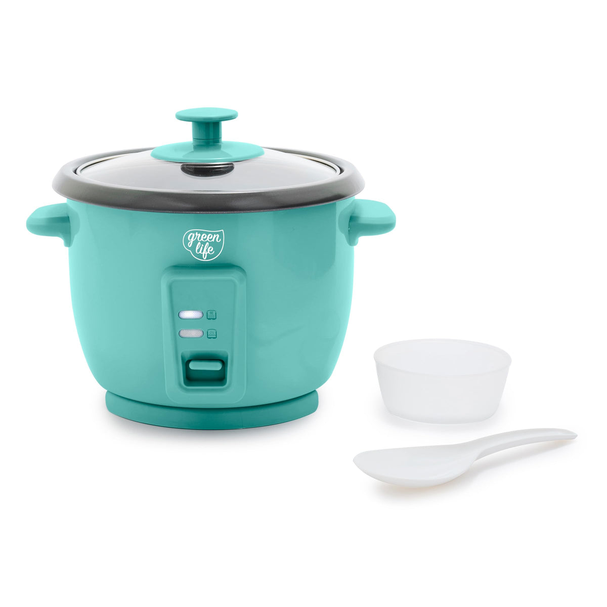 GreenLife rice cooker front view in turquoise for compact countertop use and quick meals.