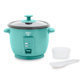 GreenLife rice cooker front view in turquoise for compact countertop use and quick meals.