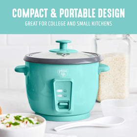Keep-warm feature of GreenLife rice cooker maintains warmth until serving.