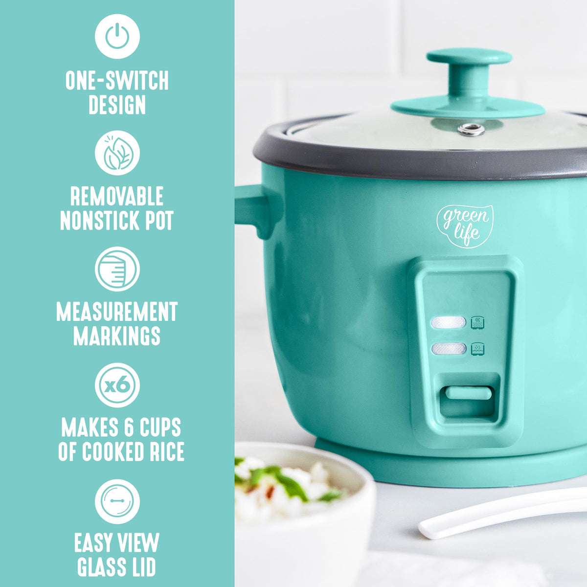 Removable inner pot of GreenLife rice cooker for easy cleaning and versatile cooking.