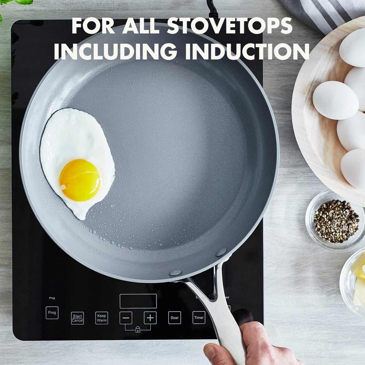 GreenPan Valencia Pro with Magneto induction base delivers efficient heating on induction stoves.