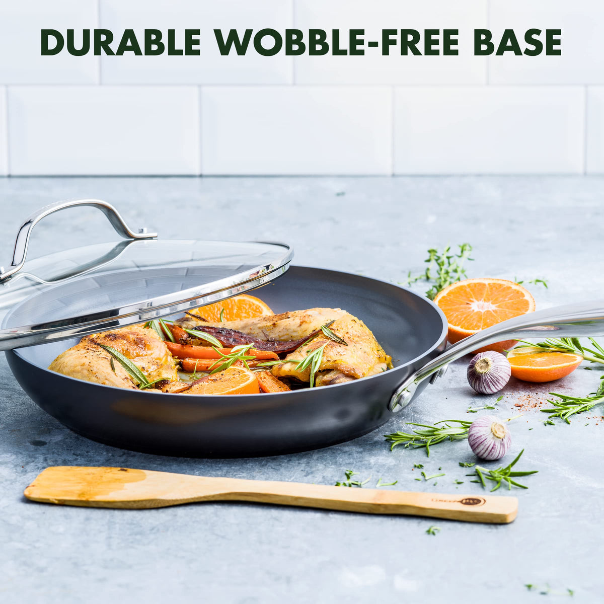 GreenPan Valencia Pro stainless steel handle stays cool while moving from stovetop to oven.