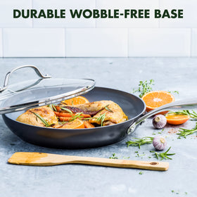 GreenPan Valencia Pro stainless steel handle stays cool while moving from stovetop to oven.