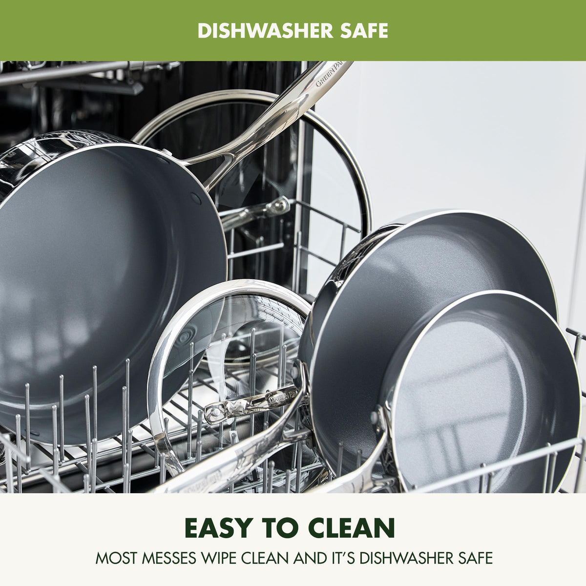GreenPan Valencia Pro pans are dishwasher safe for quick cleanup.