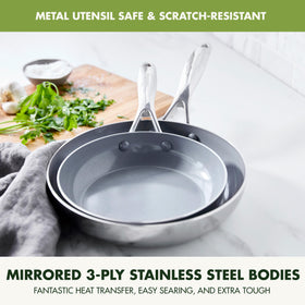 GreenPan Valencia Pro pan with mirrored stainless finish for stylish stovetop appeal.
