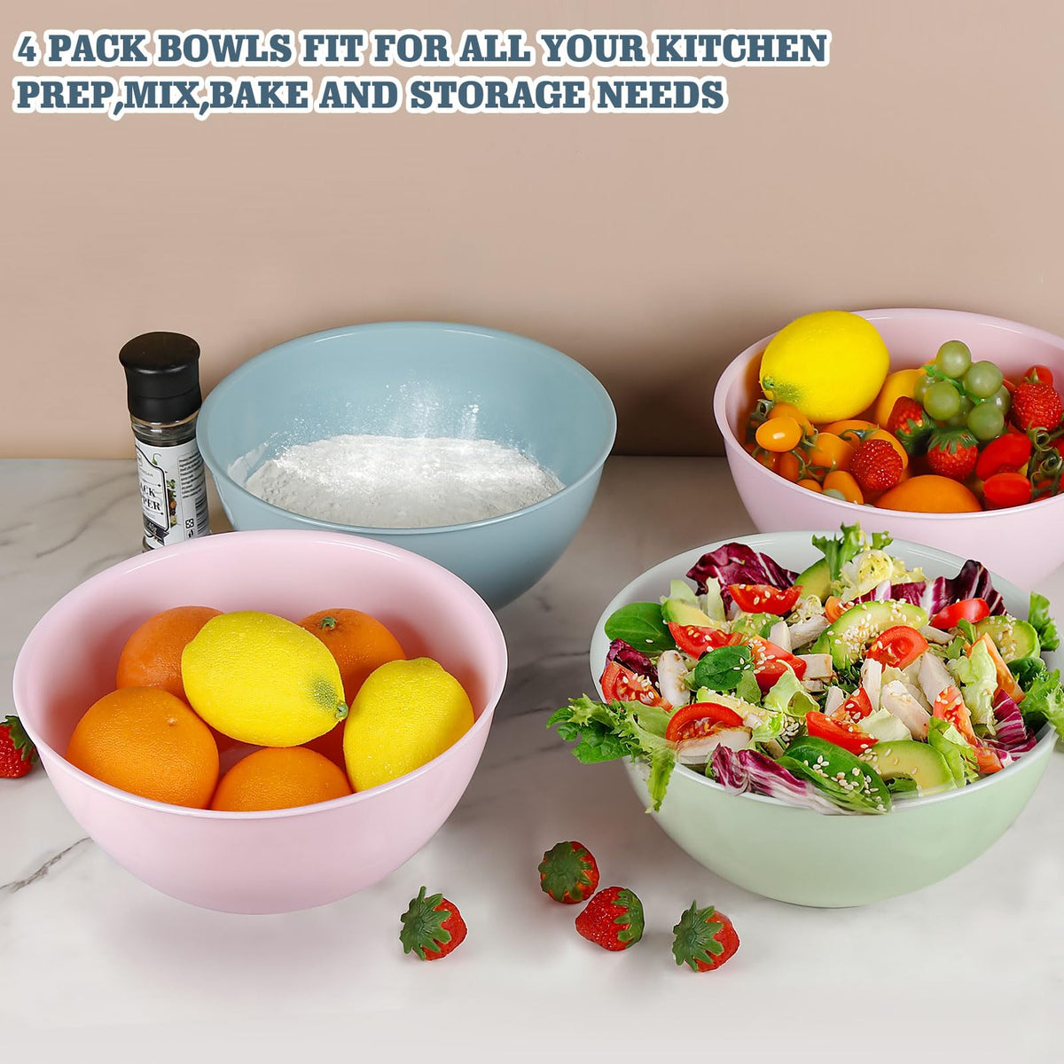 Greentainer bowls suited for baking, mixing, and serving beverages and salads.