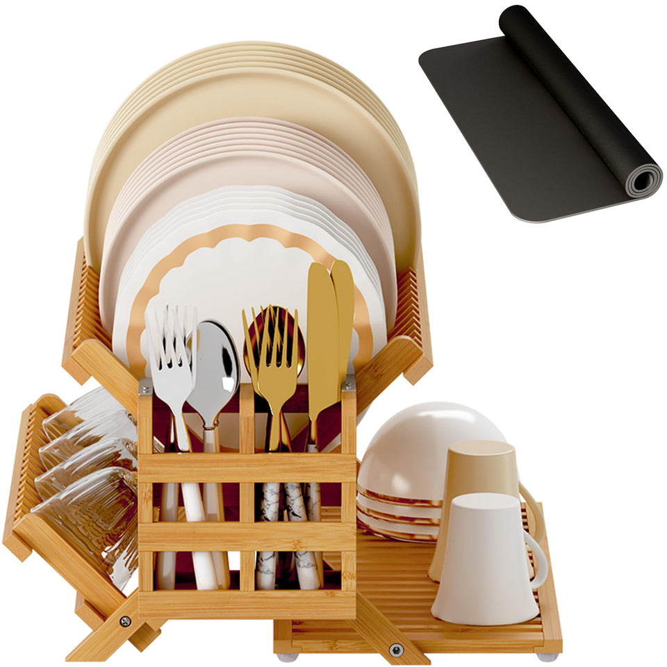 Greenual bamboo dish drying rack with 3 tiers keeps counters organized after meals.