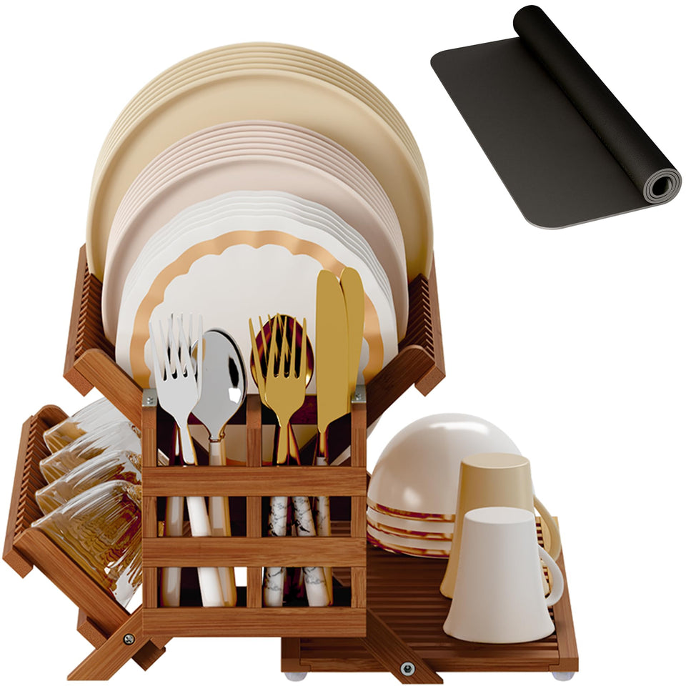 Greenual teak dish drying rack with utensil holder keeps counters tidy and utensils organized.