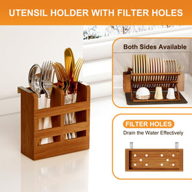 Greenual wooden dish drying rack on counter enhances kitchen organization.